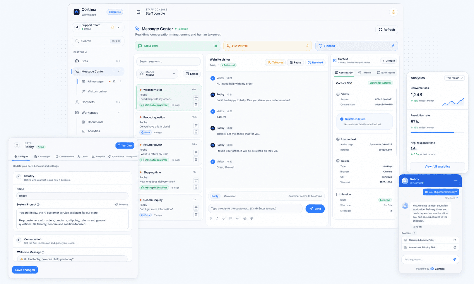 Corthex dashboard with assistants, knowledge, analytics, and support workflows