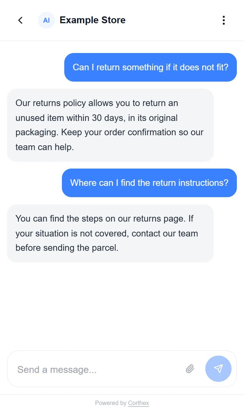 Actual Corthex widget with fictional returns-policy messages