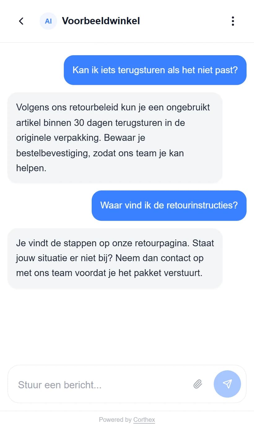Werkelijke Corthex-widget met fictieve retourbeleidberichten