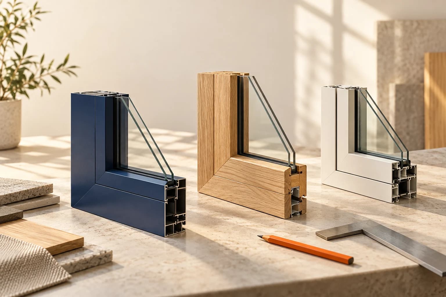 Conceptual material samples of window profiles; not a customer’s catalog