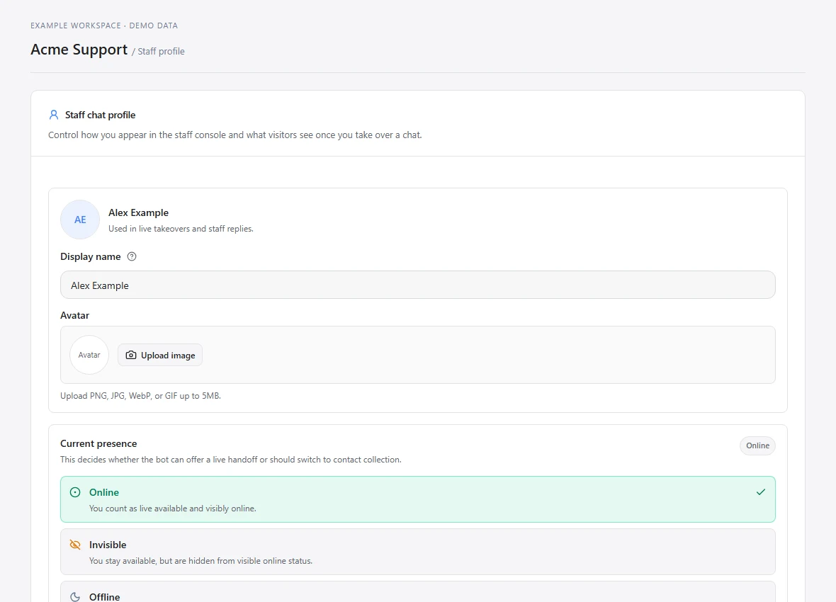 Staff profile settings showing display name, avatar and presence controls