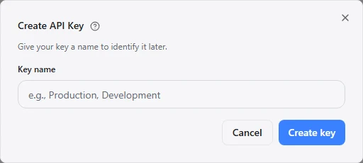 Create API Key dialog before any key is generated