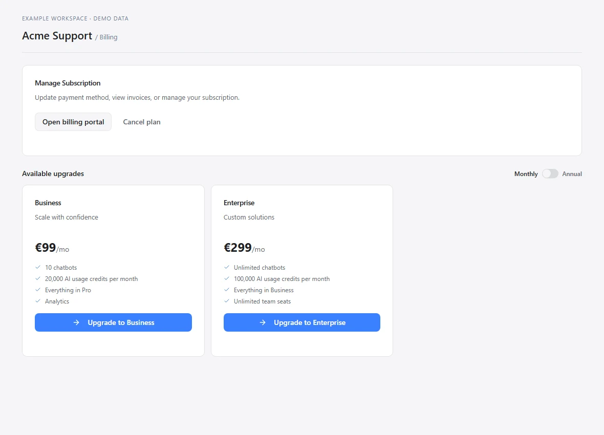 Billing controls including the billing portal and plan options