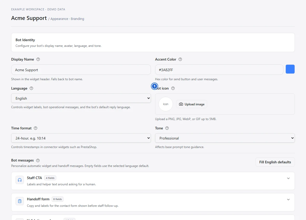 Bot icon image control in the branding editor