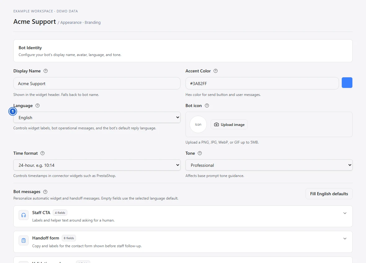 Language and time format controls in Branding