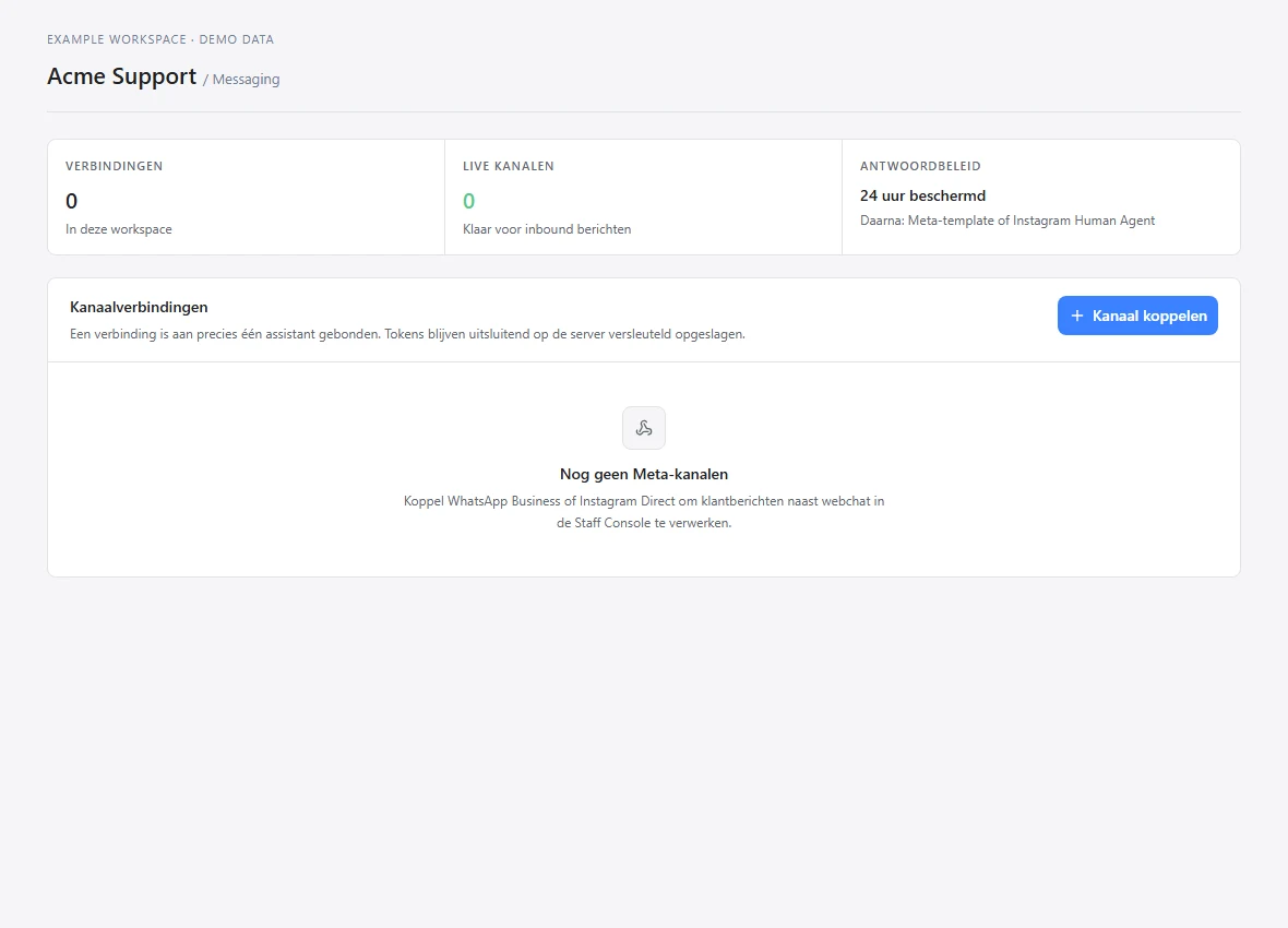 Messaging connections screen for WhatsApp Business and Instagram Direct
