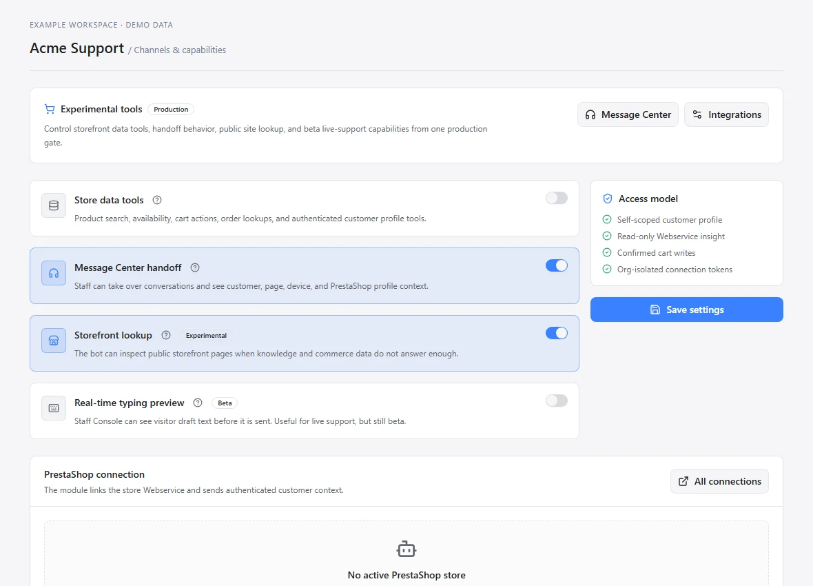 Agent capabilities for commerce, staff handoff, live site lookup and live typing
