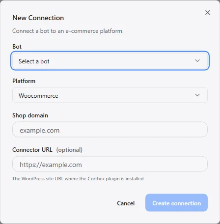 New Connection dialog with connector and agent controls