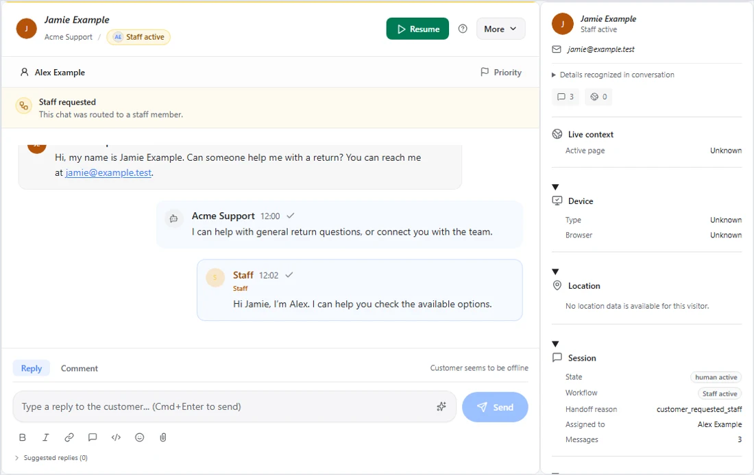 Contact context beside an example conversation showing unverified details
