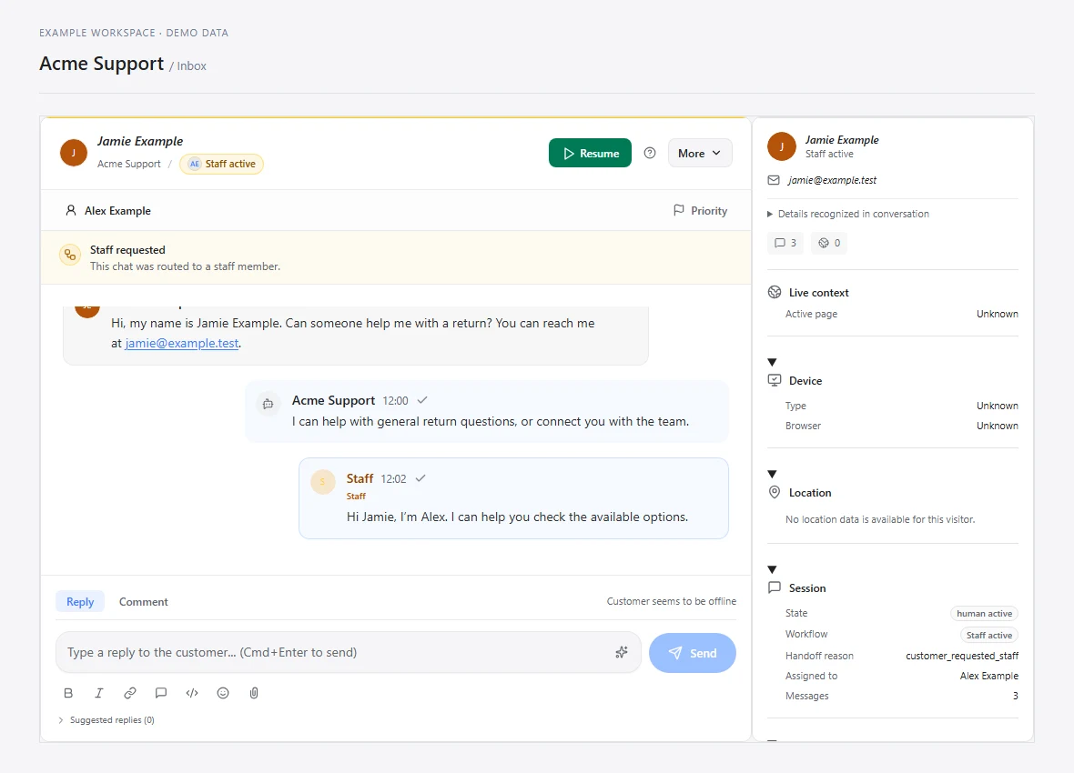 A staff-controlled conversation with the Resume button and message composer