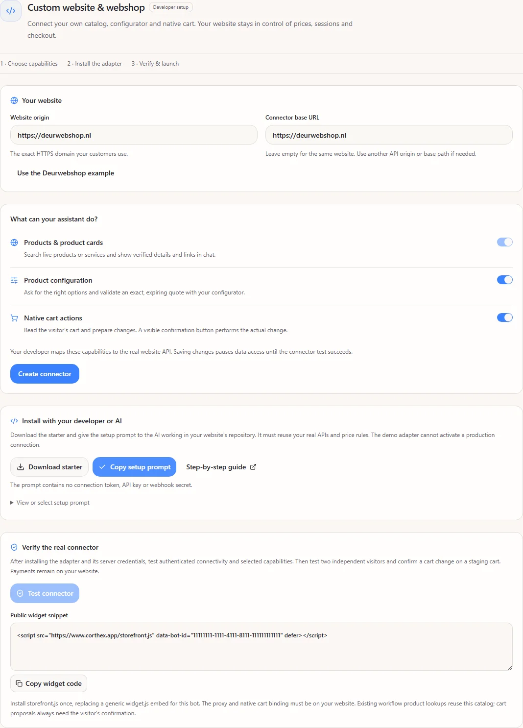 Custom website setup with catalog, configuration and native cart capability switches