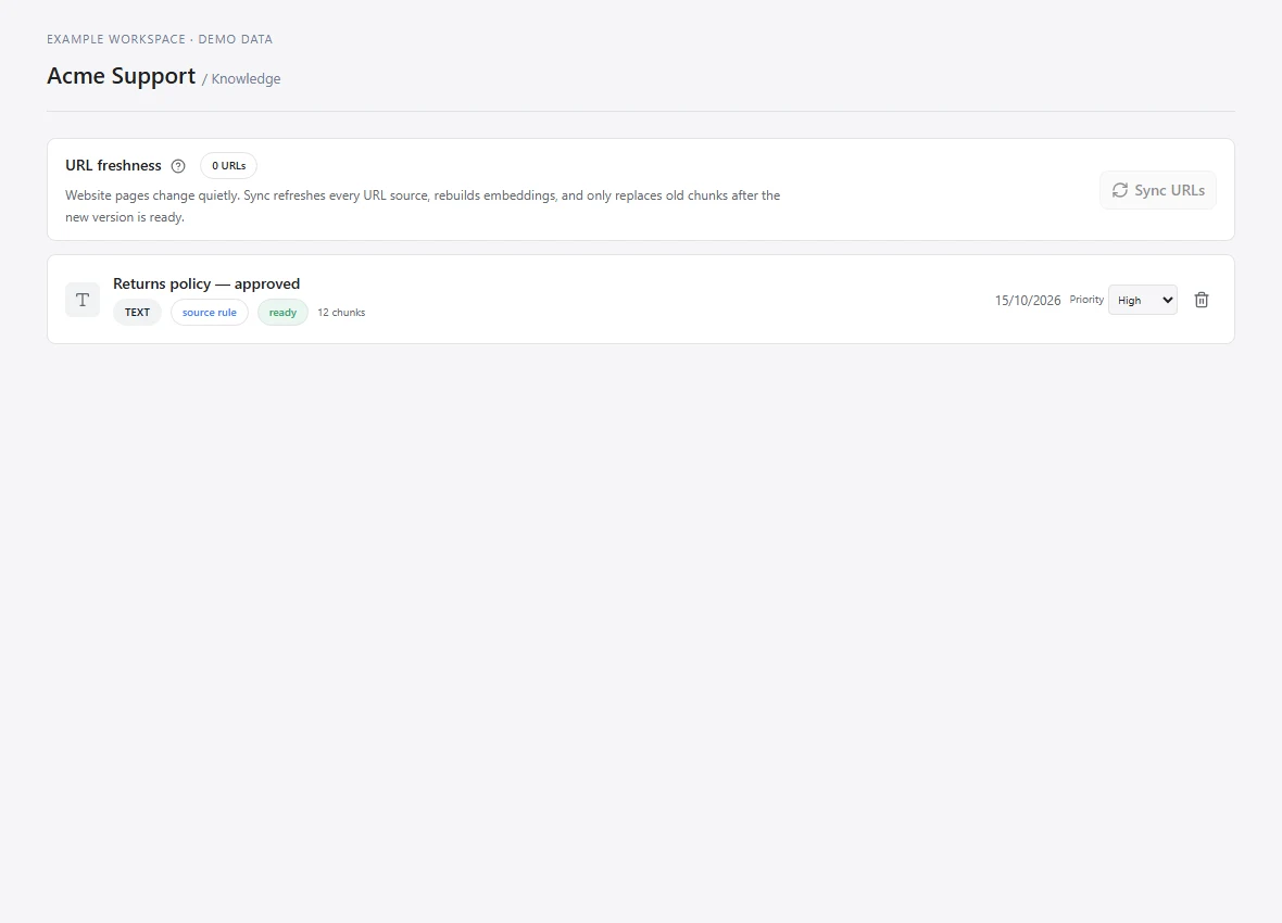 Knowledge source list with processing status and source controls