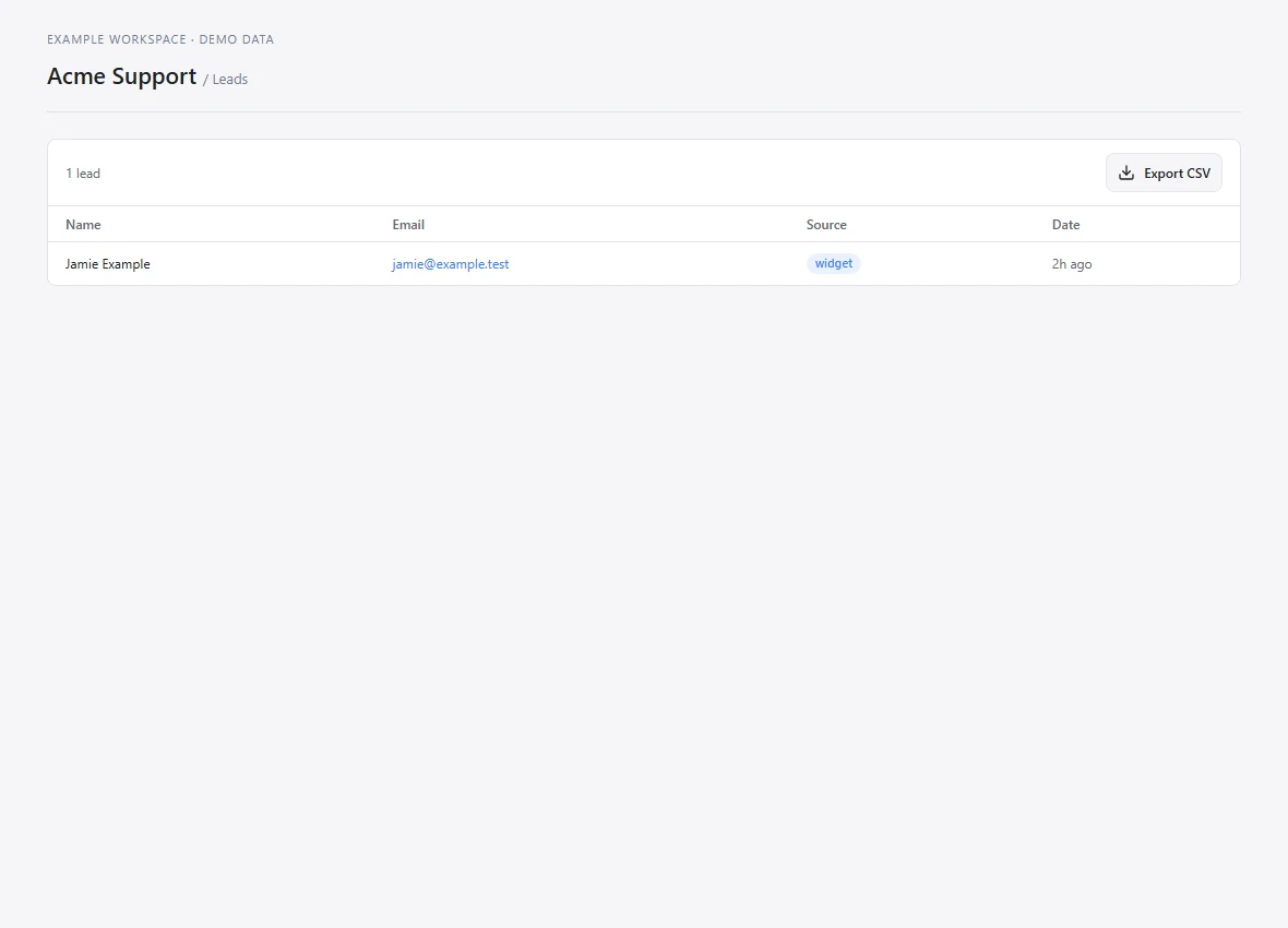 Lead submissions table with a synthetic name and email