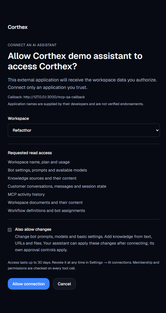 Corthex OAuth consent showing a workspace selector, read permissions and an unchecked option to allow changes