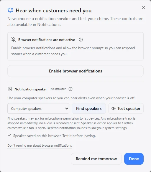 Notification setup dialog with speaker selection and test controls