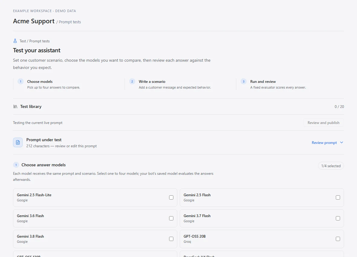 Prompt testing workbench with models and test scenarios