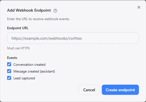 Create webhook endpoint dialog with event subscriptions