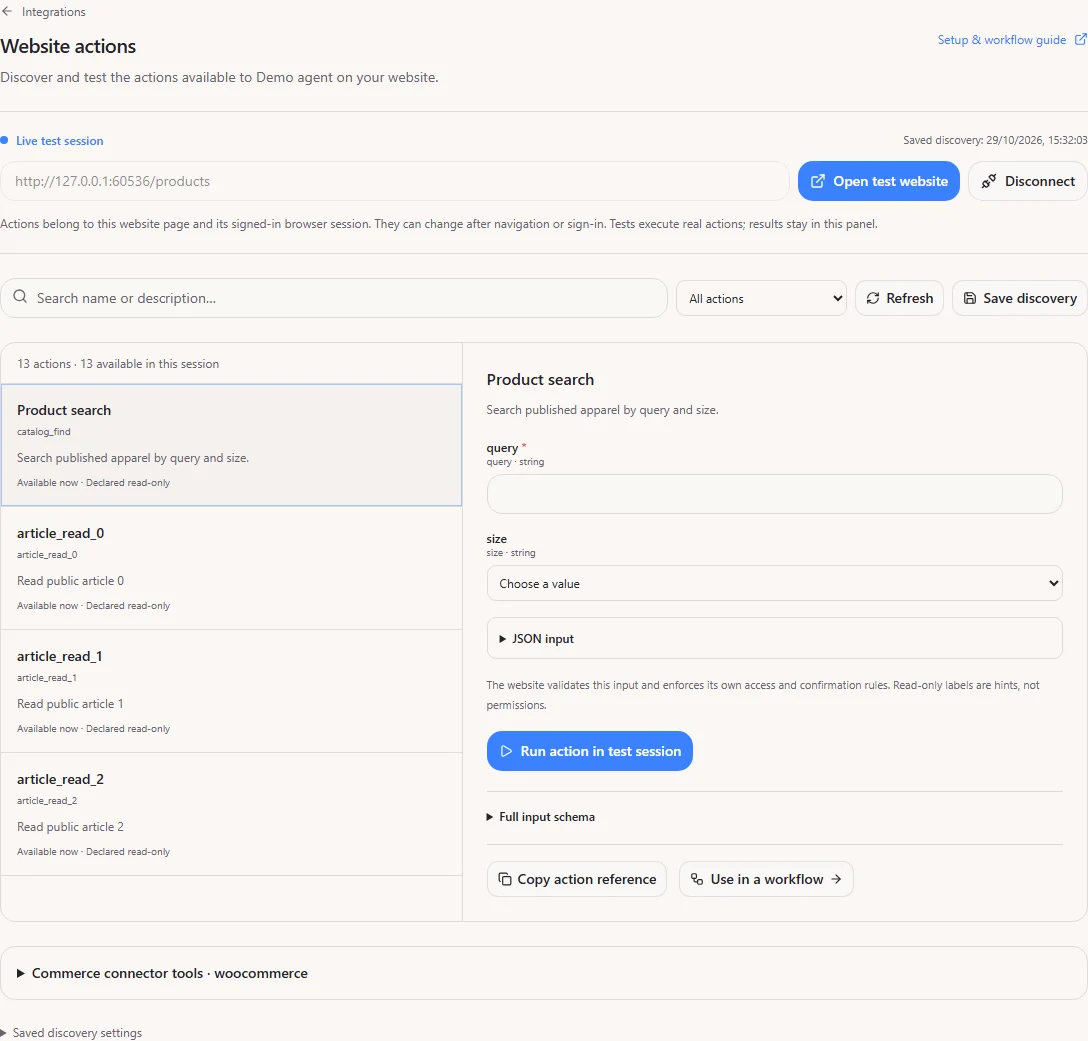 Website action discovery with live availability, input fields and a connected test session
