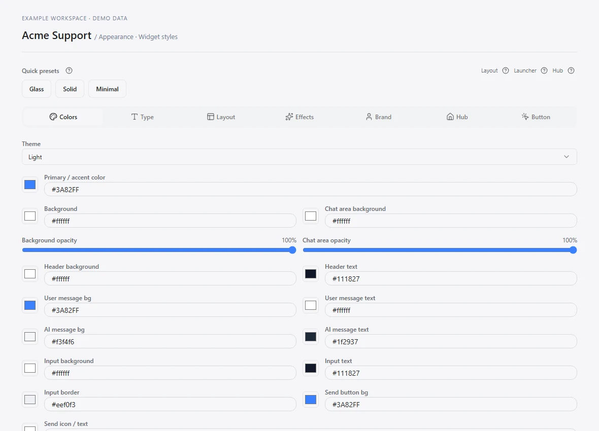 Widget style color controls and live preview