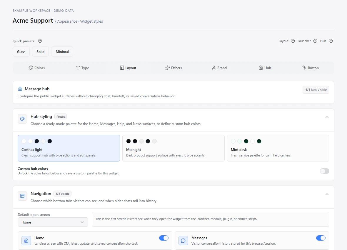 Hub navigation options for the messenger