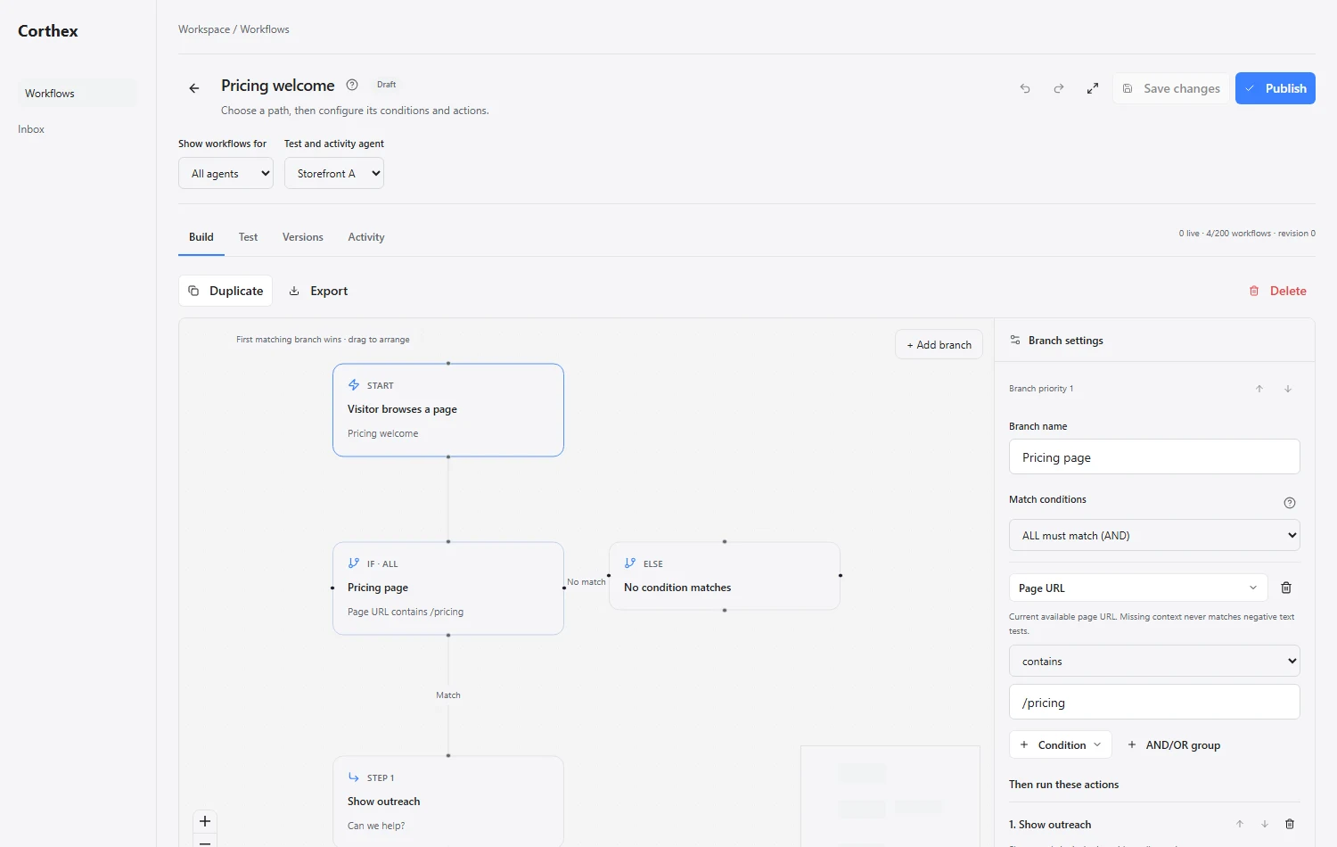 Workflow branch inspector with page condition and all/any match controls