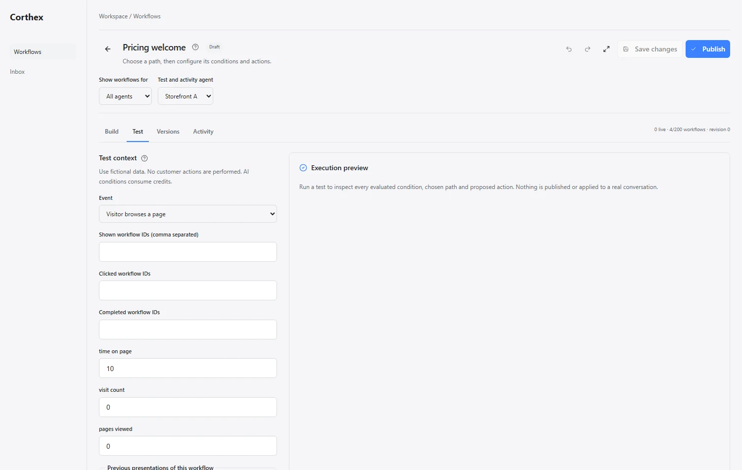 Workflow test controls and simulated context