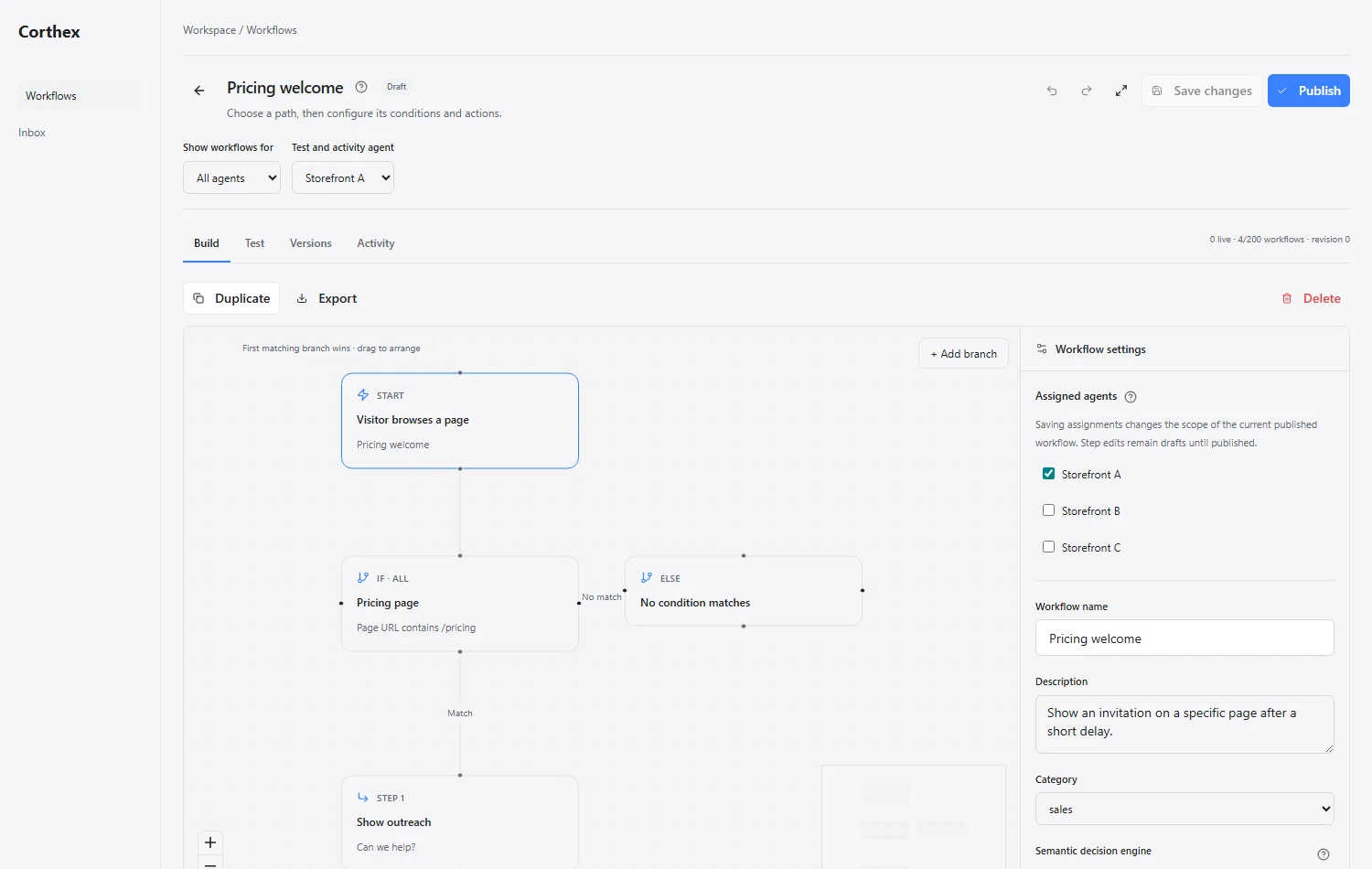 Workflow canvas with trigger, condition, actions and settings